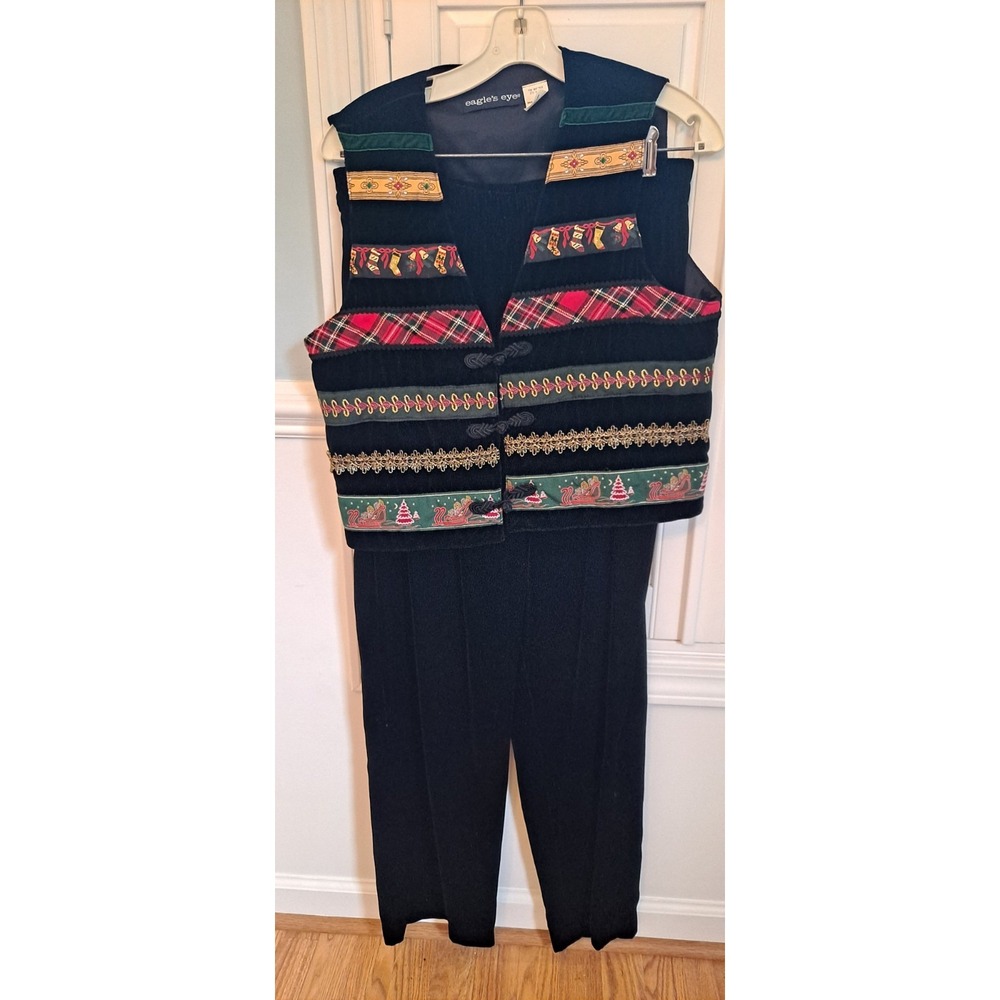M/L Vintage Eagles Eye Holiday Ribbon Aisian Style‎  Vest/Pants Black Velveteen